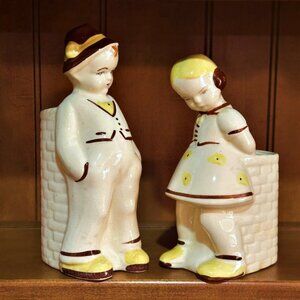 Pair Vintage Cameron Clay Ceramic Dutch Boy Girl Planters Vases Figures MCM 9 In